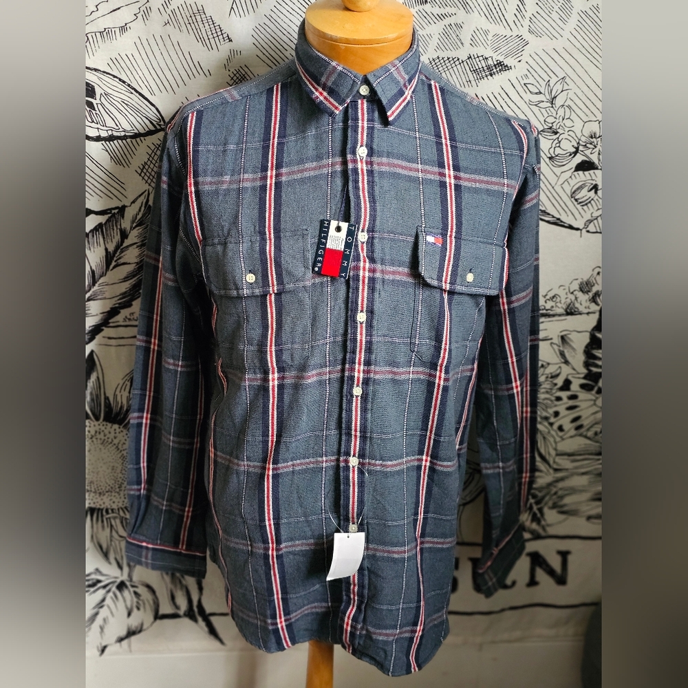 NWT Vintage Y2K Boy's XL Tommy Gray Plaid Button Up Shirt 100% Woven Cotton